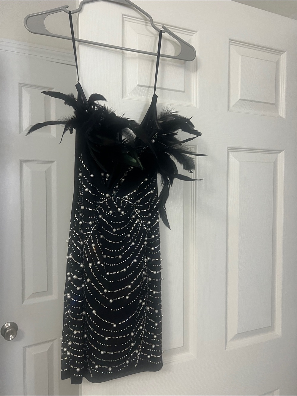 Black Feather & Bead Embellished Spaghetti Strap Dress